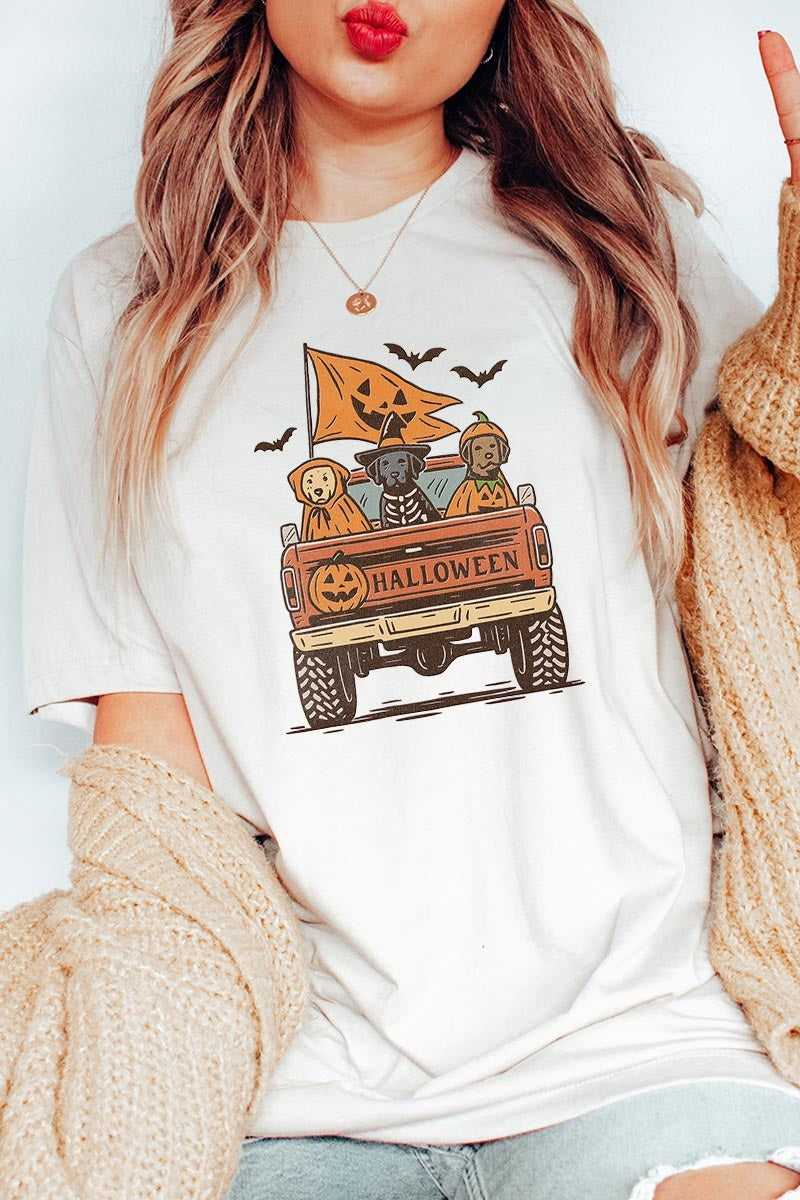 US3001P-E3150 Halloween Truck Dogs Graphic Plus Tee $16