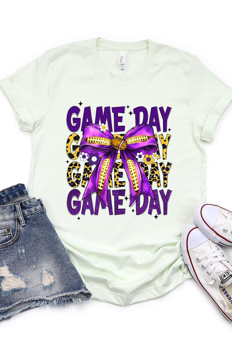 US3001-E3092 Purple Yellow Football Game Day Bow Graphic Tee $12.5