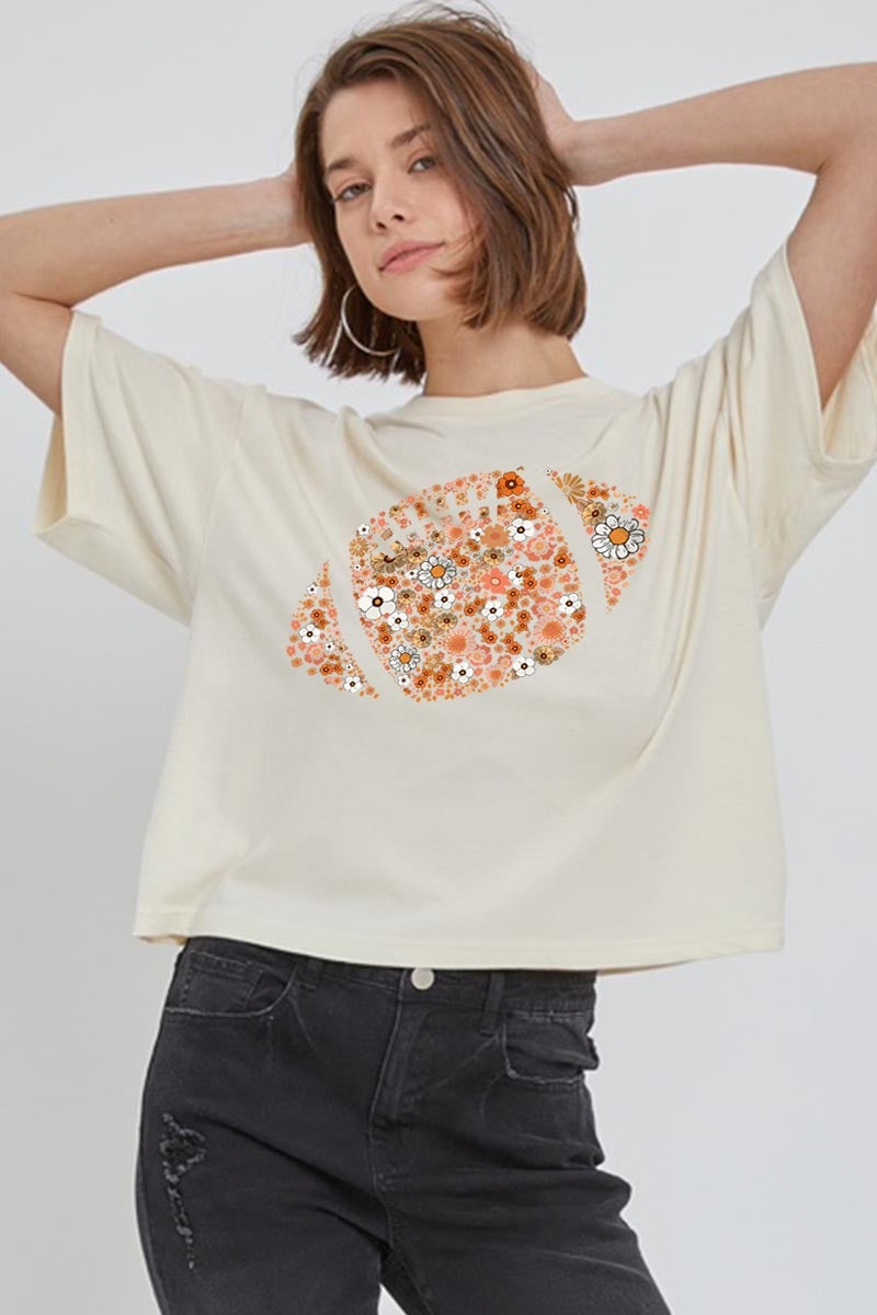 CTS-E3133 Floral Football Graphic Relaxed Crop Top $11