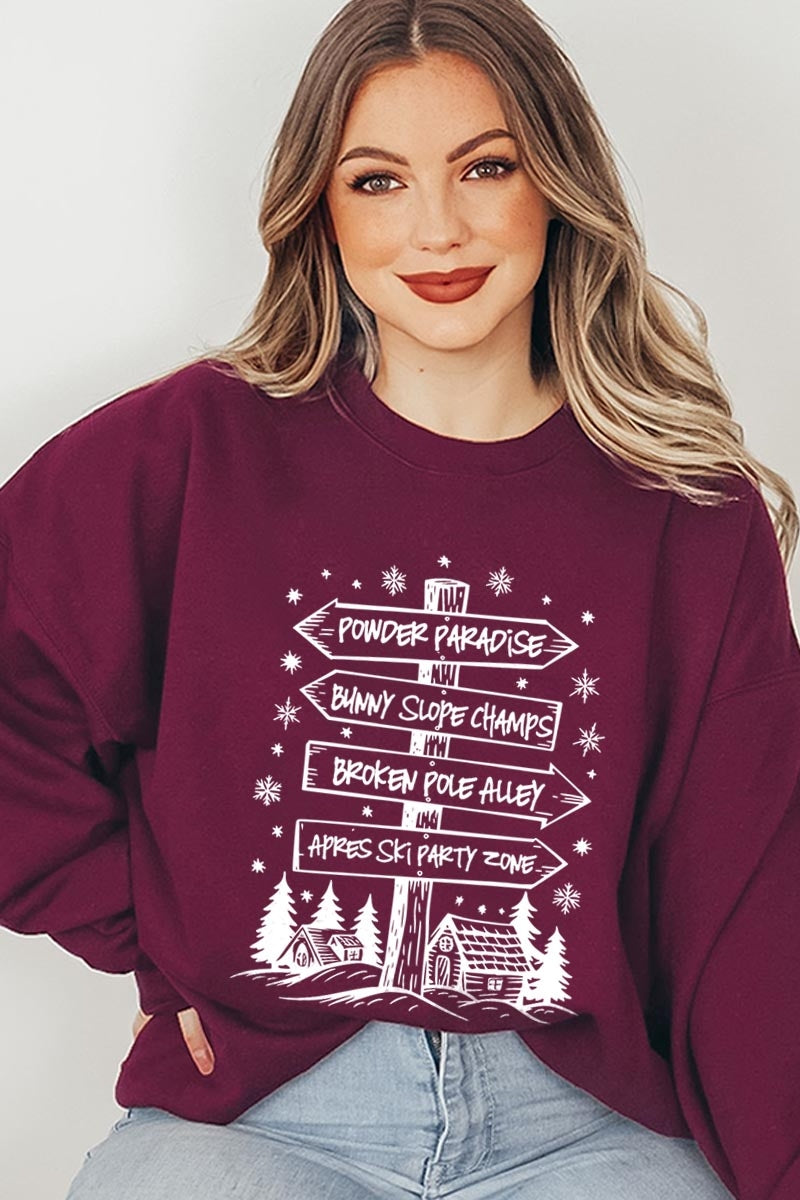 UL180P-E3189 Ski Lodge Signs Graphic Plus Sweatshirt $25