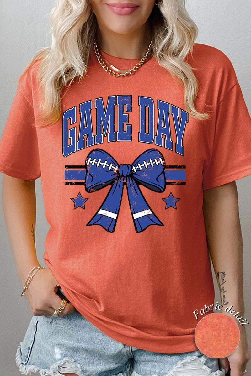 5000-E3065 Blue Football Bow Graphic Heavy Cotton Tee $9