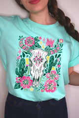 US3001-E3086 Western Floral Cow Skull Graphic Tee $12.5