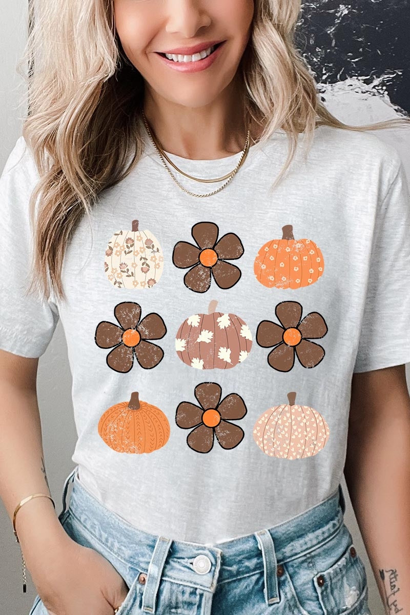 US3001-E3117 Pumpkins & Flowers Fall Graphic Tee $12.5