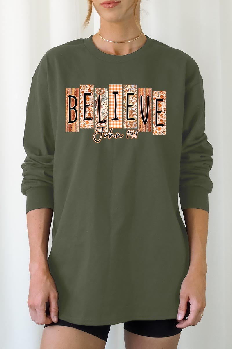 UL240P-E3167 Believe Fall Christian Graphic Plus Long Sleeve Tee $17
