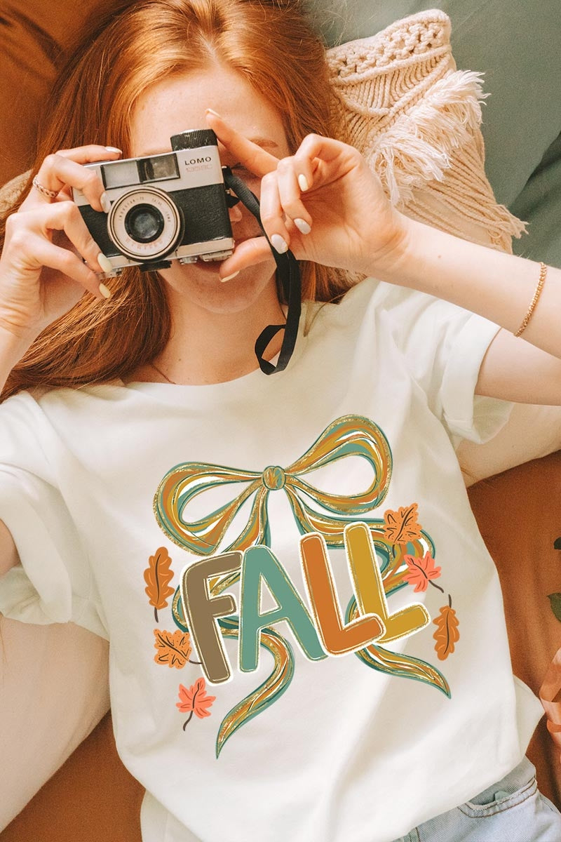 US3001-E3121 Fall Brushstroke Bow Graphic Tee $12.5