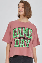 CTS-E3128 Green Gingham Game Day Graphic Relaxed Crop Top $11