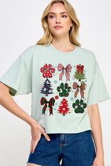 CTS-E3195 Christmas Bow Paw Graphic Relaxed Crop Top $11