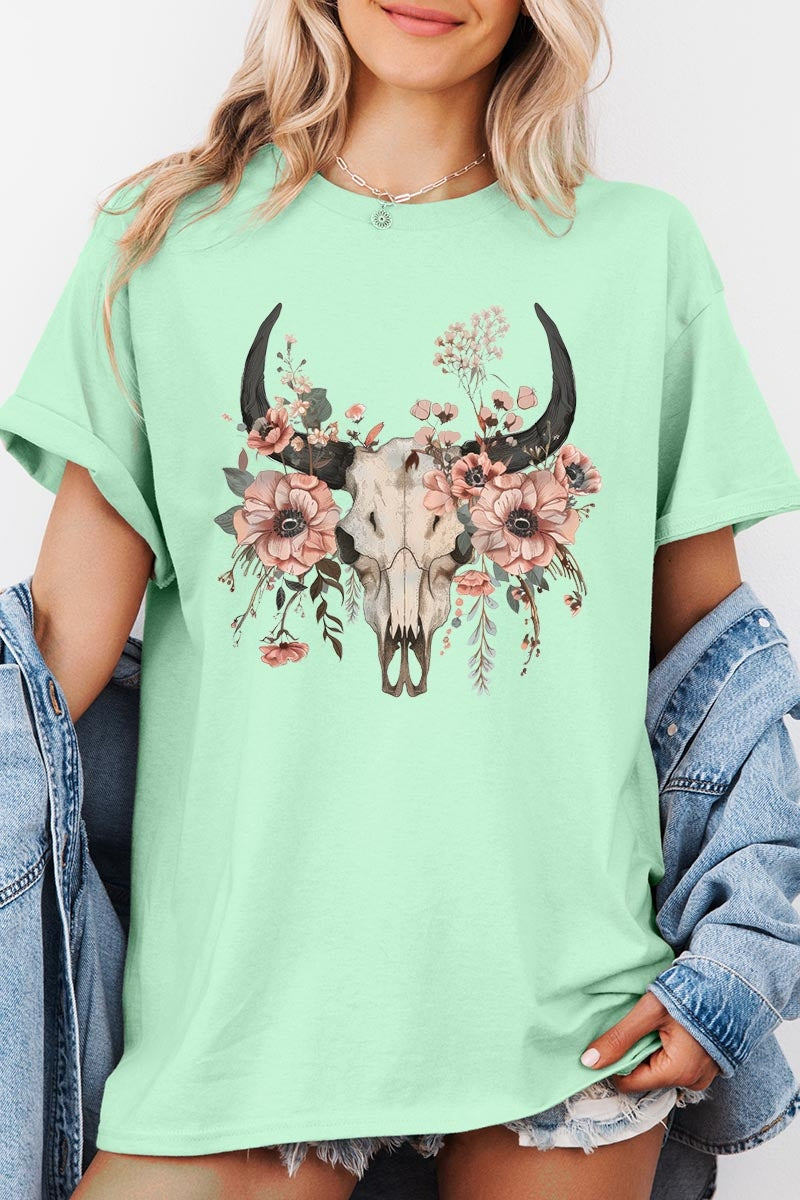 5000P-E3113 Western Skull Floral Graphic Plus Heavy Cotton Tee $12.75