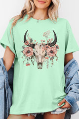 5000P-E3113 Western Skull Floral Graphic Plus Heavy Cotton Tee $12.75