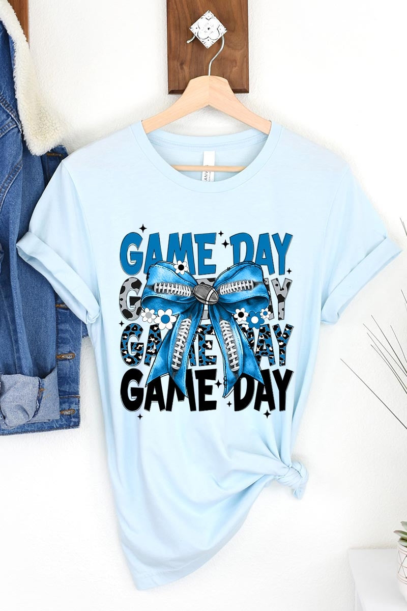 US3001-E3089 Blue Silver Football Game Day Bow Graphic Tee $12.5