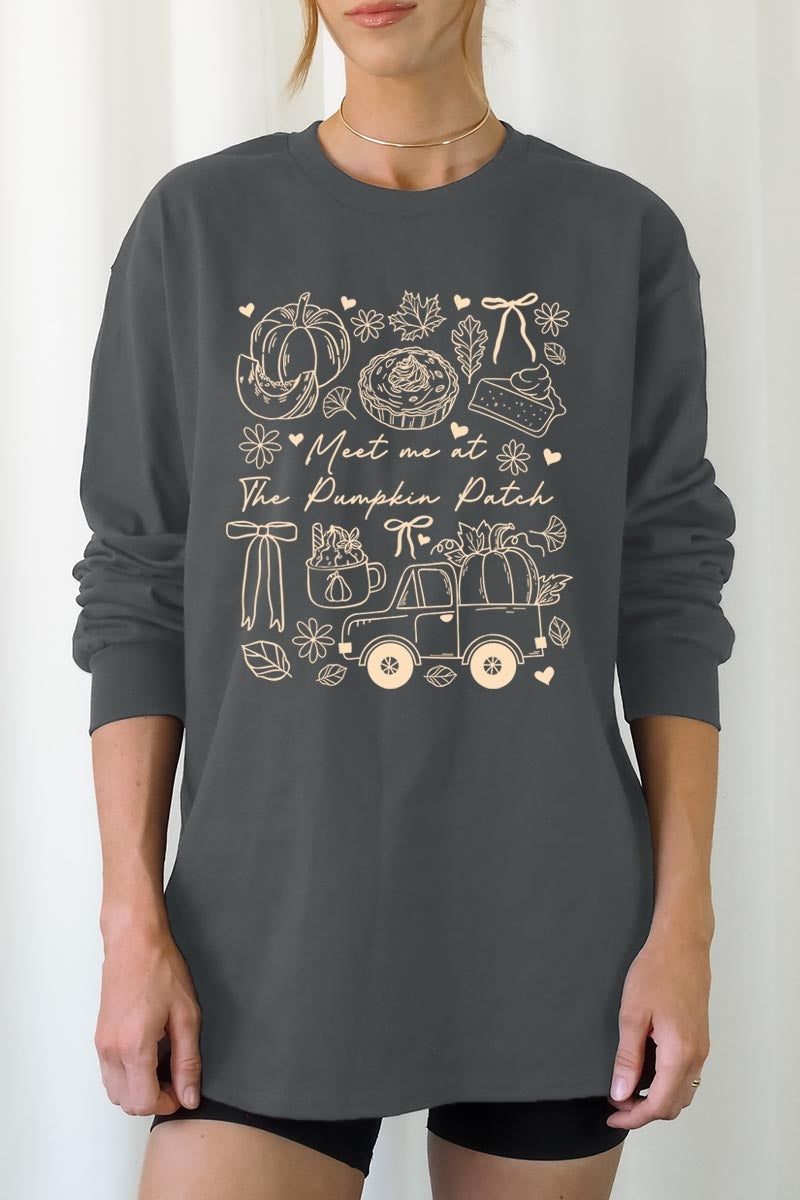 UL240-E3163 Pumpkin Patch Doodle Graphic Long Sleeve Tee $13.75