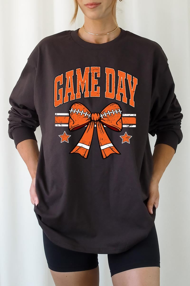 UL240P-E3064 Orange Game Day Football Bow Plus Long Sleeve Tee $17