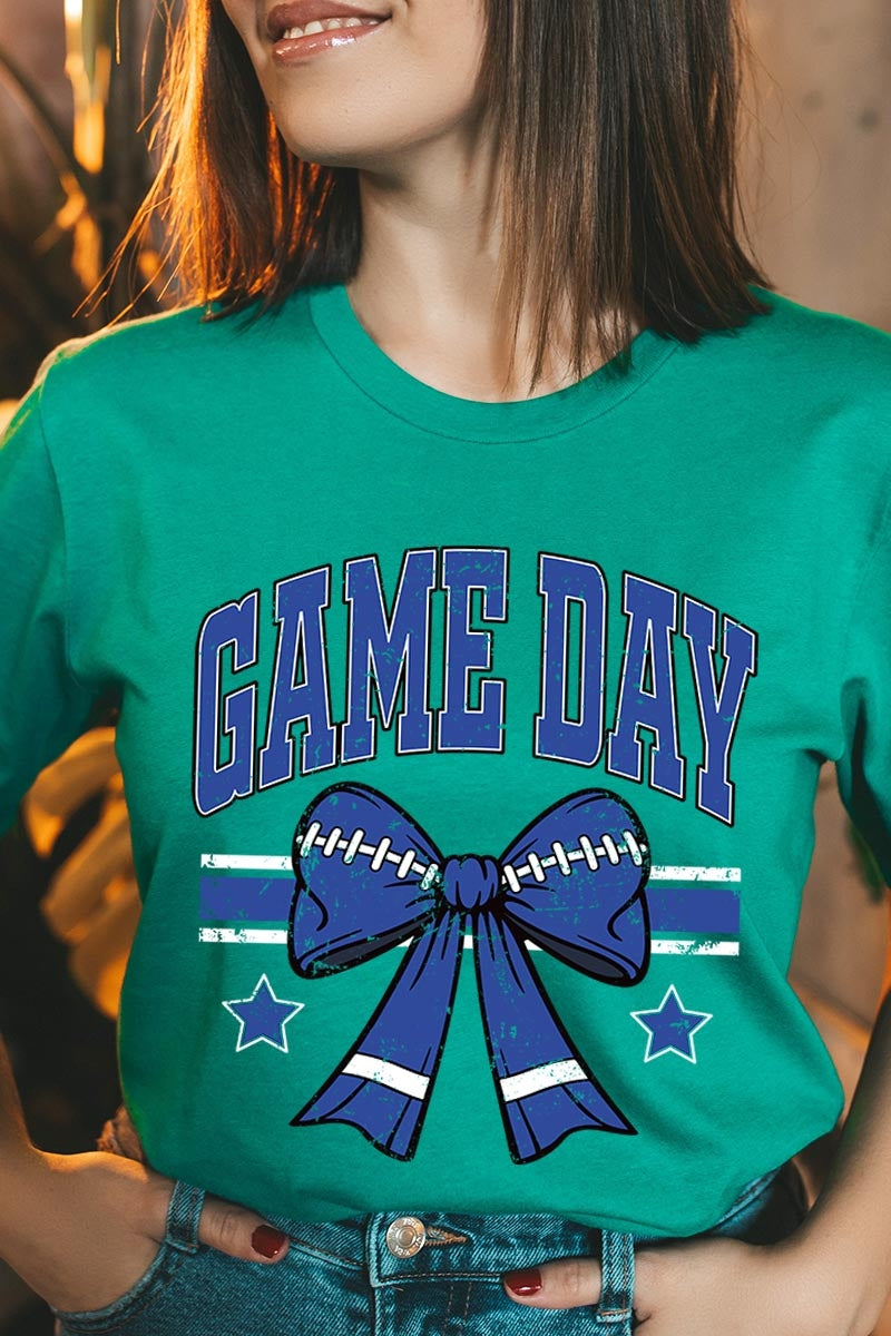 US3001P-E3065 Blue Game Day Football Bow Graphic Plus Tee $16