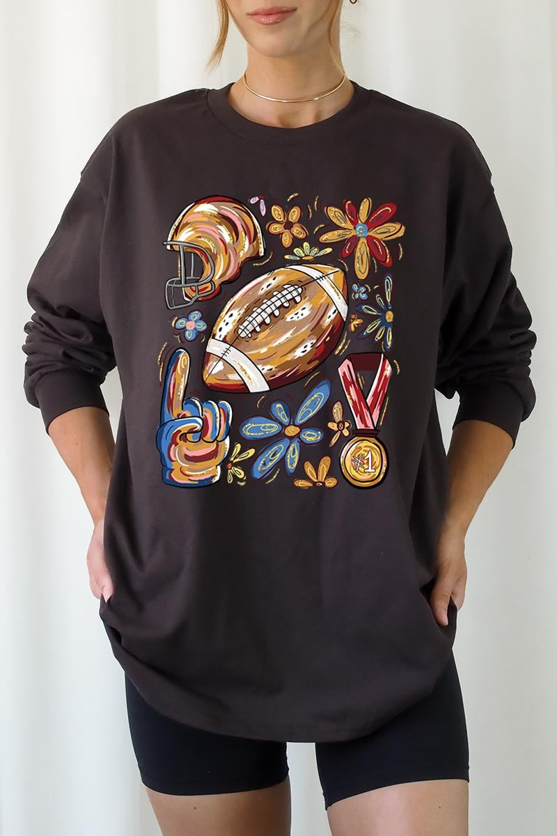 UL240-E3072 Retro Floral Football Graphic Long Sleeve Tee $13.75