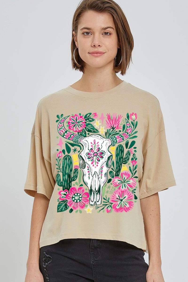 CTS-E3086 Western Floral Cow Skull Graphic Relaxed Crop Top $11