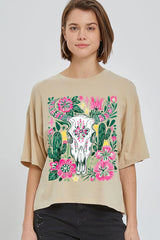 CTS-E3086 Western Floral Cow Skull Graphic Relaxed Crop Top $11