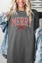 5000-E3206 Plaid Merry Christmas Bow Graphic Heavy Cotton Tee $9
