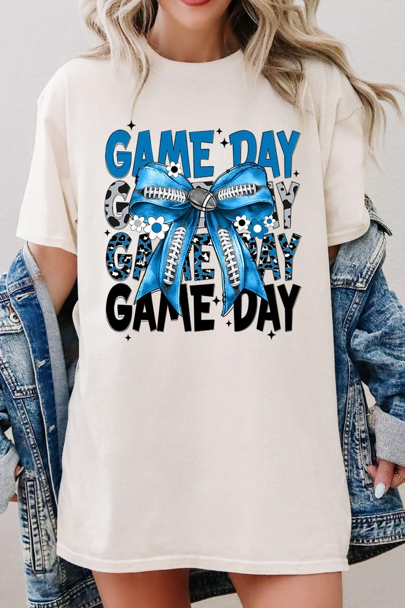 5000-E3089 Blue Silver Football Game Day Bow Heavy Cotton Tee $9