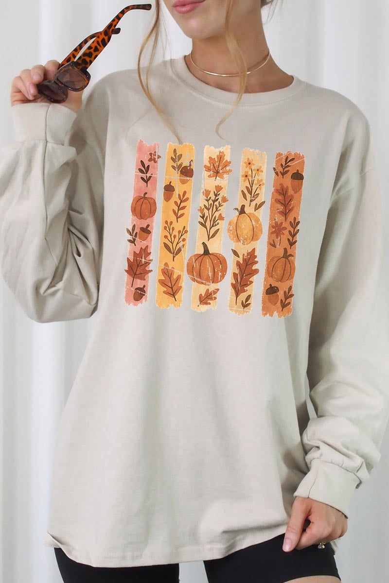 UL240-E3110 Brushstroke Boho Fall Graphic Long Sleeve Tee $13.75
