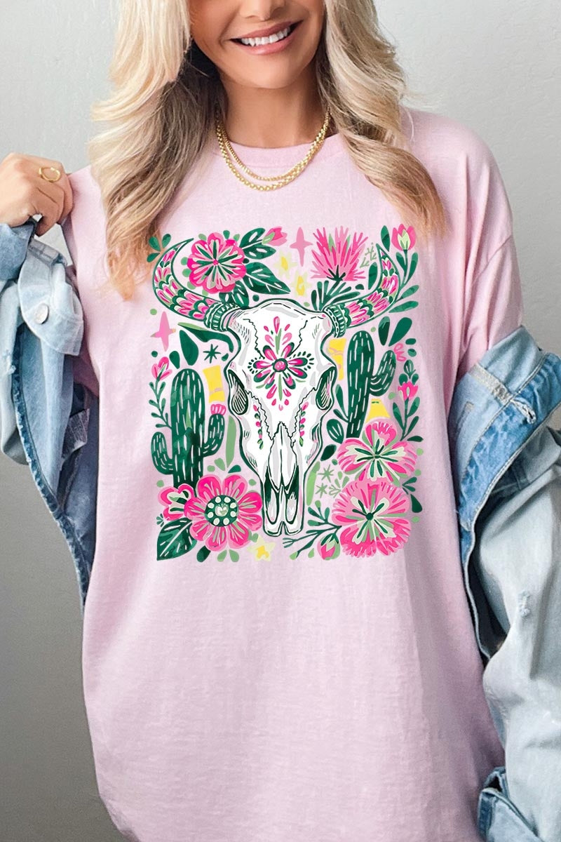 5000P-E3086 Western Floral Cow Skull Plus Heavy Cotton Tee $12.75
