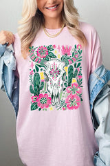 5000P-E3086 Western Floral Cow Skull Plus Heavy Cotton Tee $12.75