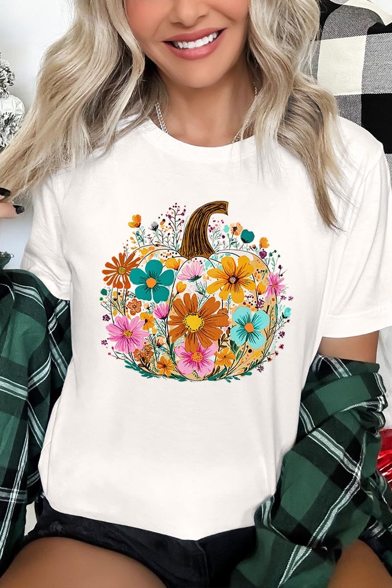 US3001-E3118 Floral Pumpkin Graphic Tee $12.5