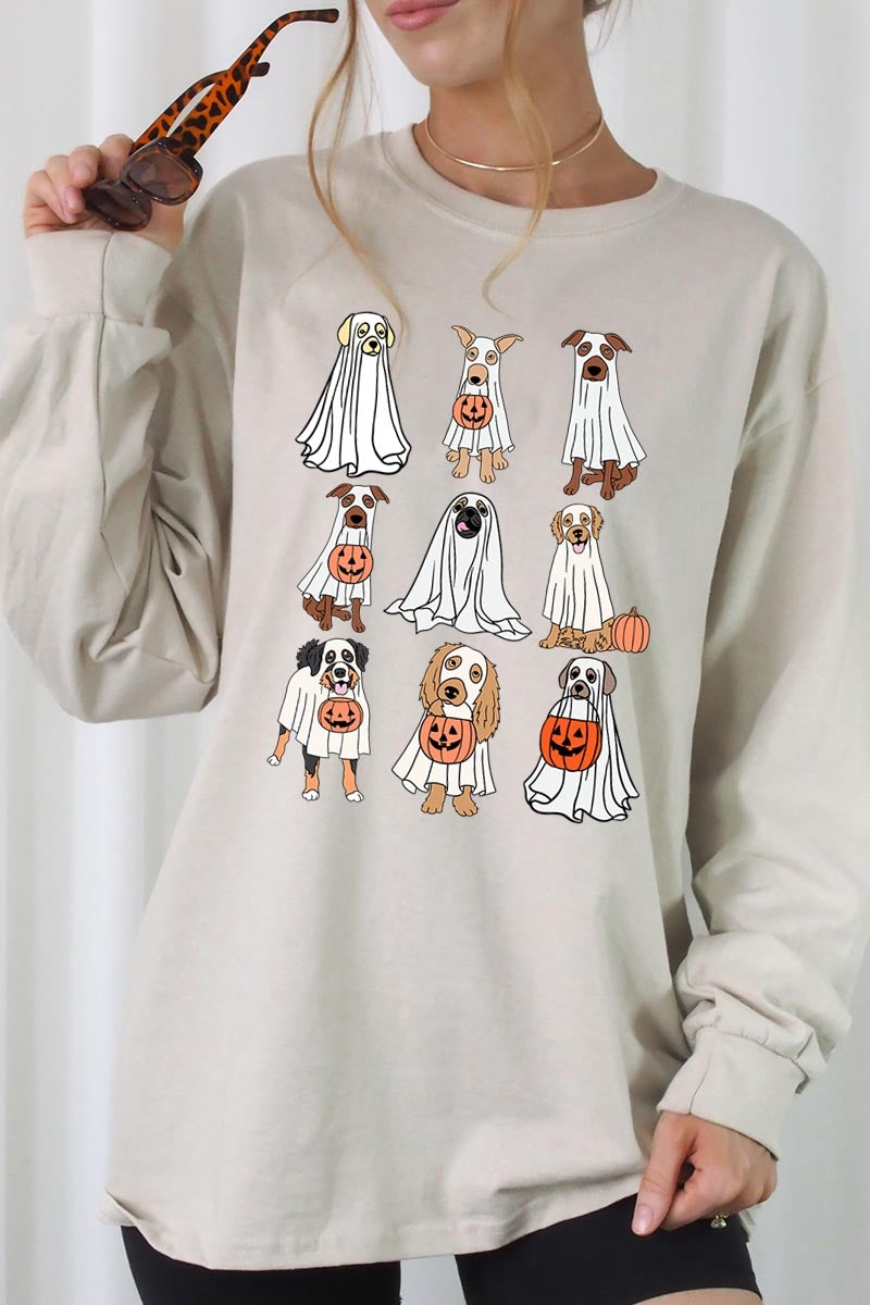 UL240-E3106 Halloween Ghost Dog Graphic Long Sleeve Tee $13.75