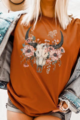 US3001-E3113 Western Skull Floral Graphic Tee $12.5