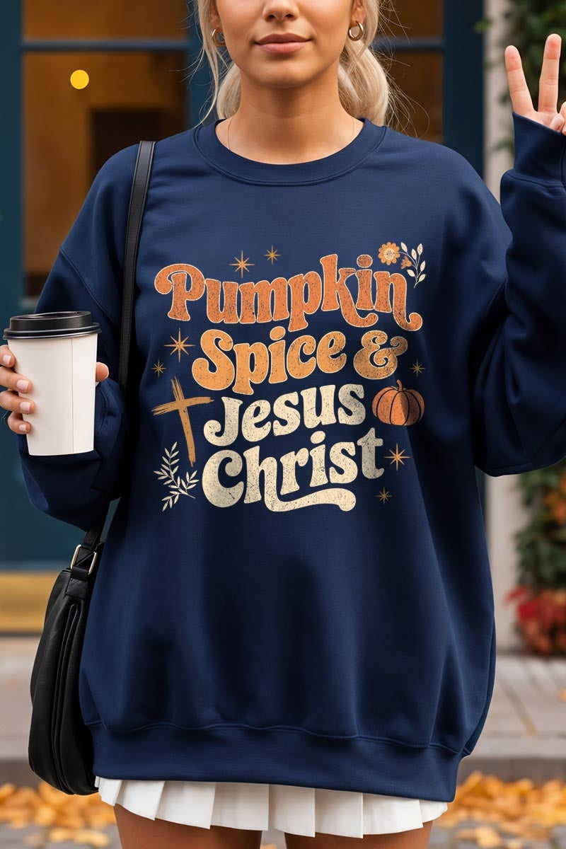 UL180-E3164 Pumpkin Spice & Jesus Graphic Sweatshirt $20