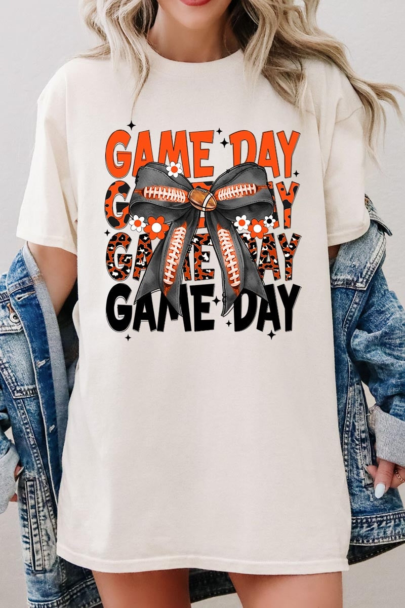 5000-E3088 Orange Black Football GameDay Bow Heavy Cotton Tee $9