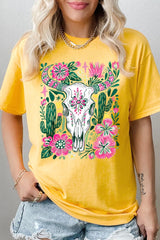 5000P-E3086 Western Floral Cow Skull Plus Heavy Cotton Tee $12.75