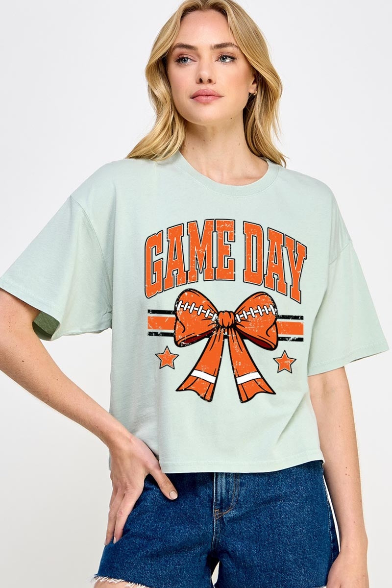 CTS-E3064 Orange Game Day Football Bow Graphic Crop Top $11