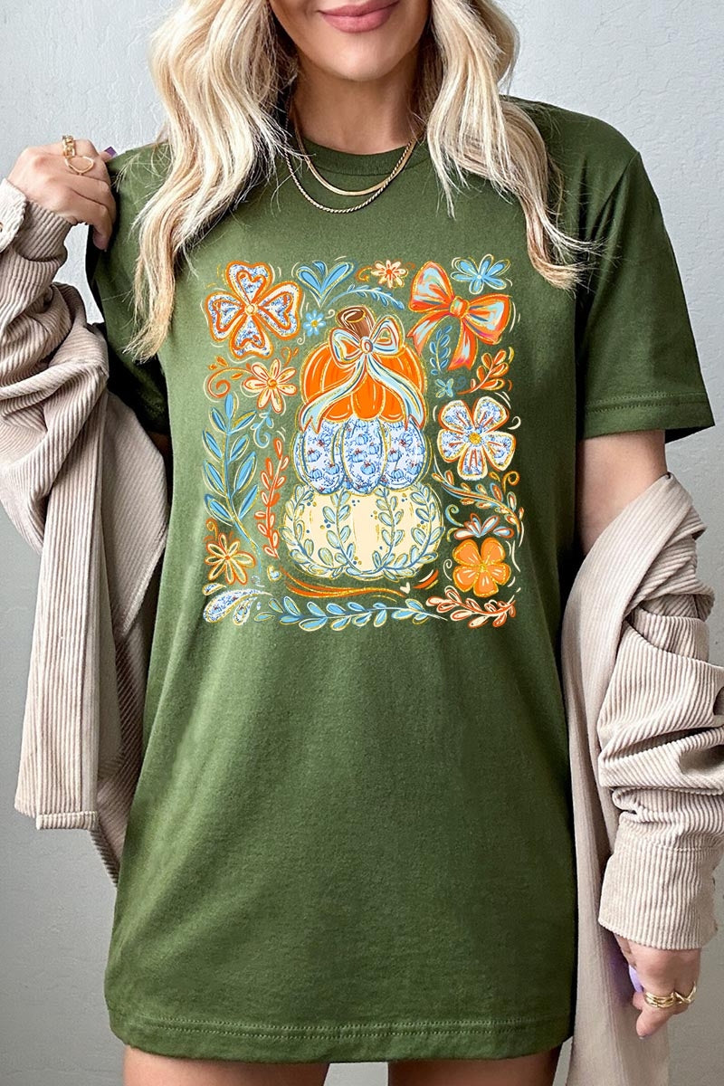 US3001-E3153 Floral Pumpkin Stack Graphic Tee $12.5