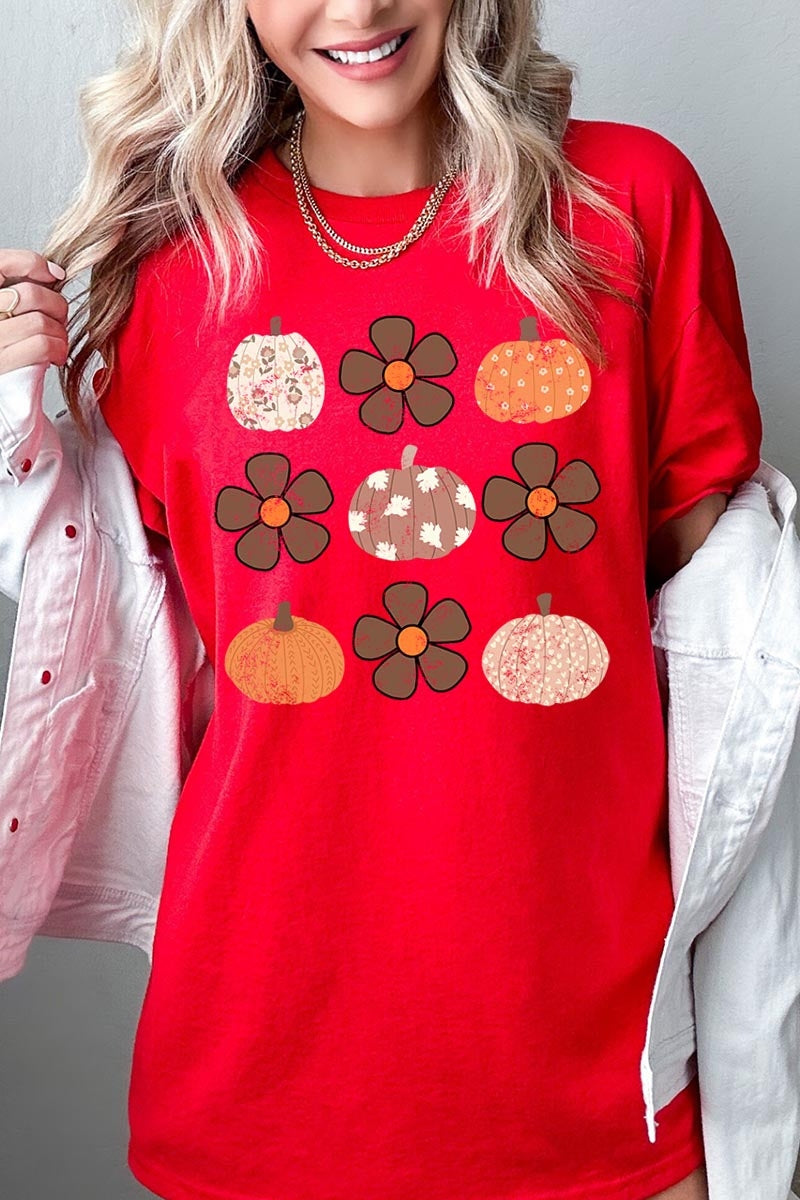 5000-E3117 Pumpkins & Flowers Fall Graphic Heavy Cotton Tee $9