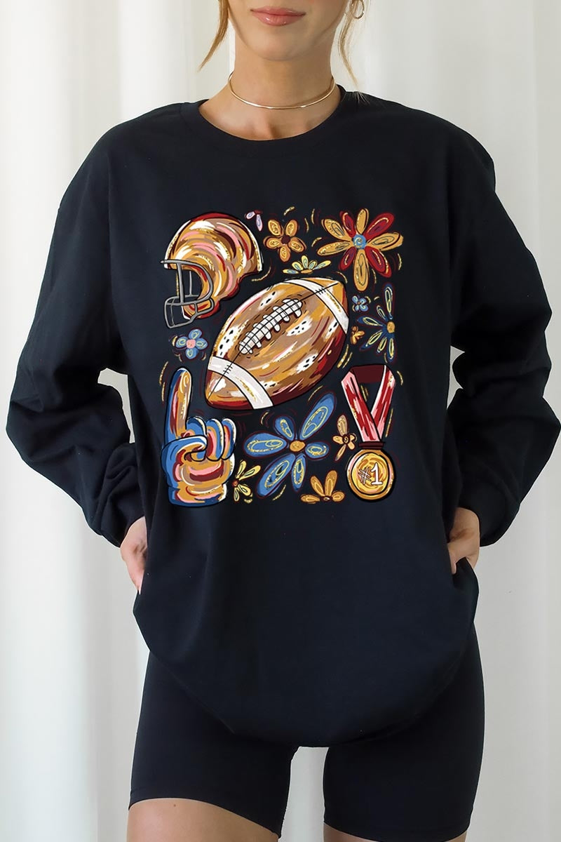 UL240-E3072 Retro Floral Football Graphic Long Sleeve Tee $13.75