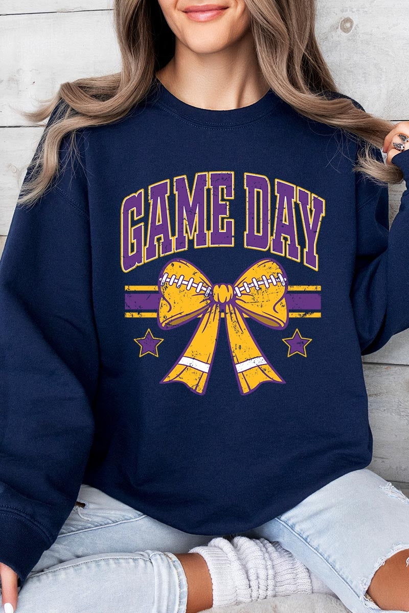 UL180-E3063 Purple Game Day Football Bow Graphic Sweatshirt $20