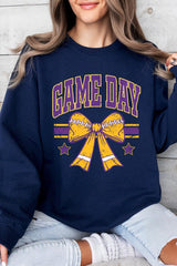 UL180P-E3063 Purple Game Day Football Bow Plus Sweatshirt $25