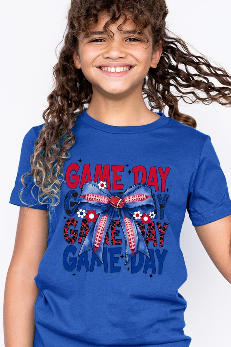 US3001Y-E3087Z Red Blue Football Game Day Bow Kids Graphic Tee $11