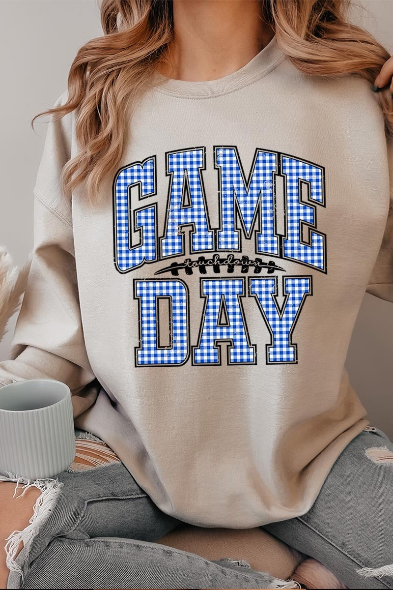 UL180P-E3130 Blue Gingham Game Day Graphic Plus Sweatshirt $25