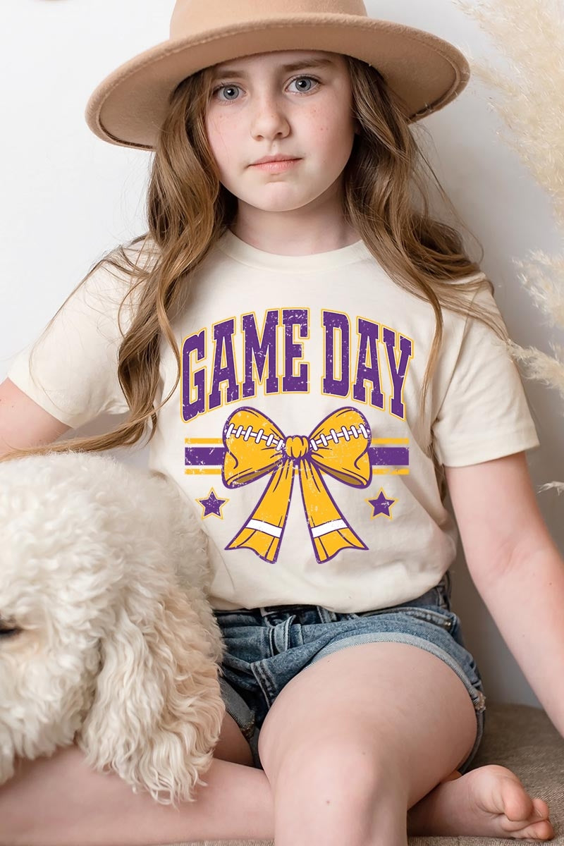 US3001Y-E3063Z Purple Game Day Football Bow Kids Graphic Tee $11