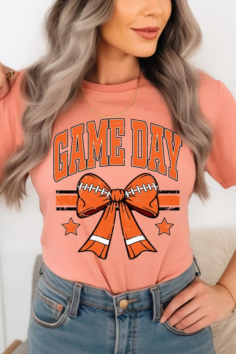 US3001-E3064 Orange Game Day Football Bow Graphic Tee $12.5