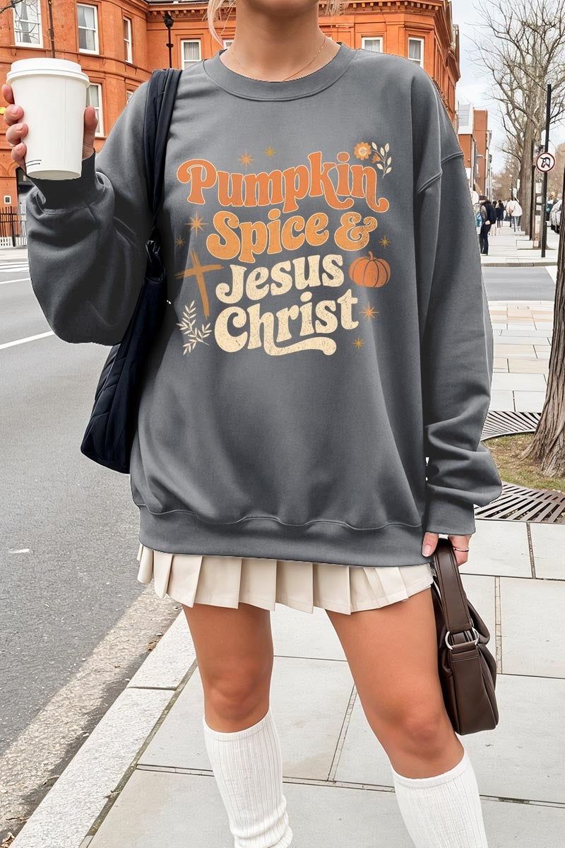 UL180P-E3164 Pumpkin Spice & Jesus Graphic Plus Sweatshirt $25