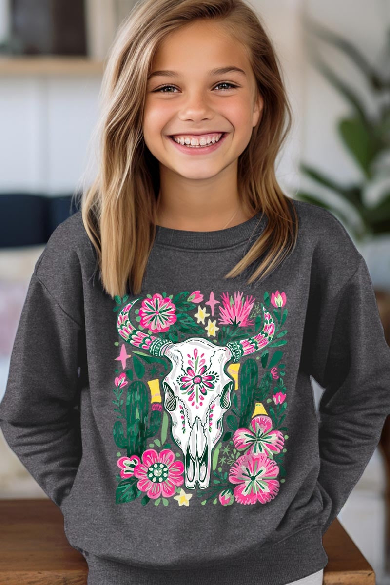 UL180B-E3086Z Western Floral Cow Skull Kids Graphic Sweatshirt $20