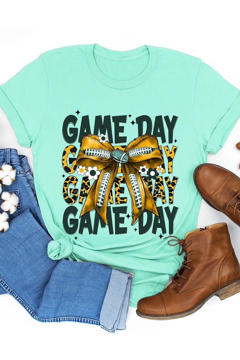 US3001P-E3090 Yellow Football Game Day Bow Graphic Plus Tee $16