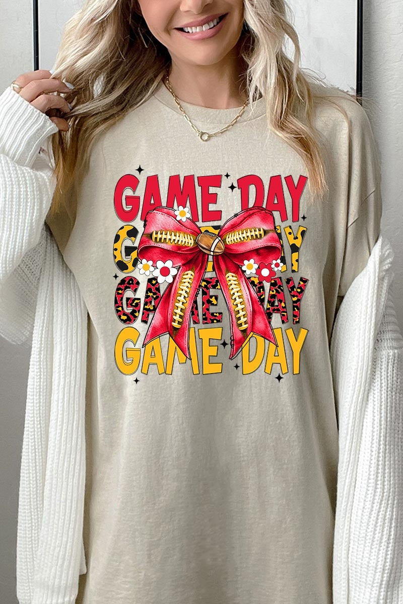 5000P-E3091 Red Yellow Football Bow Plus Heavy Cotton Tee $12.75