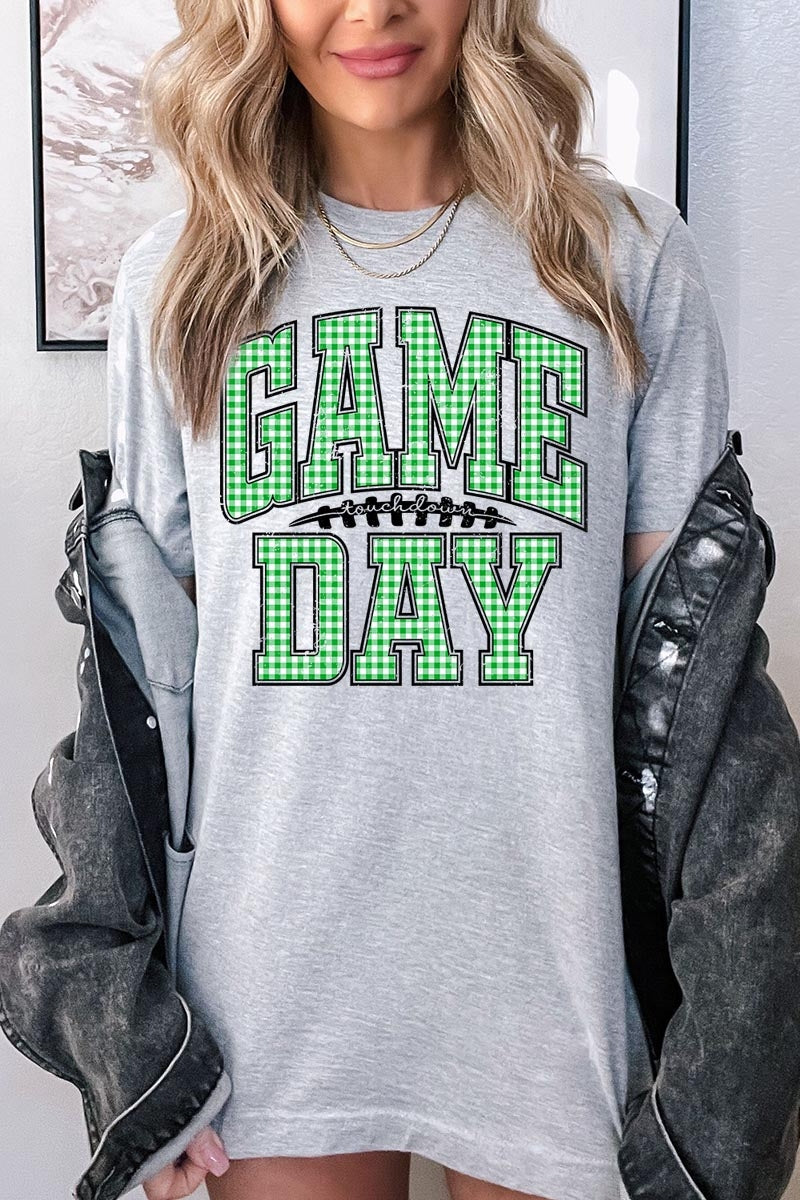 US3001P-E3128 Green Gingham Game Day Graphic Plus Tee $16