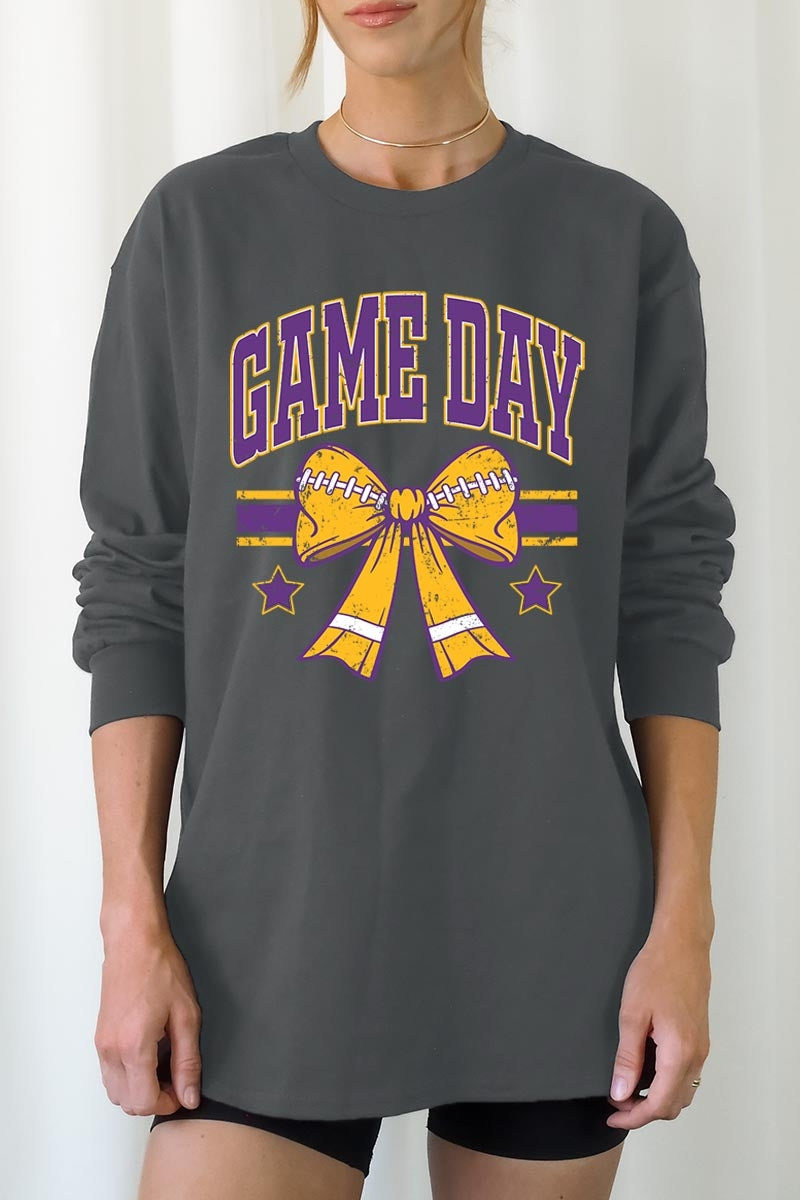 UL240P-E3063 Purple Game Day Football Bow Plus Long Sleeve Tee $17