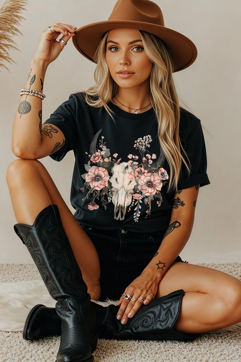 5000-E3113 Western Skull Floral Graphic Heavy Cotton Tee $9