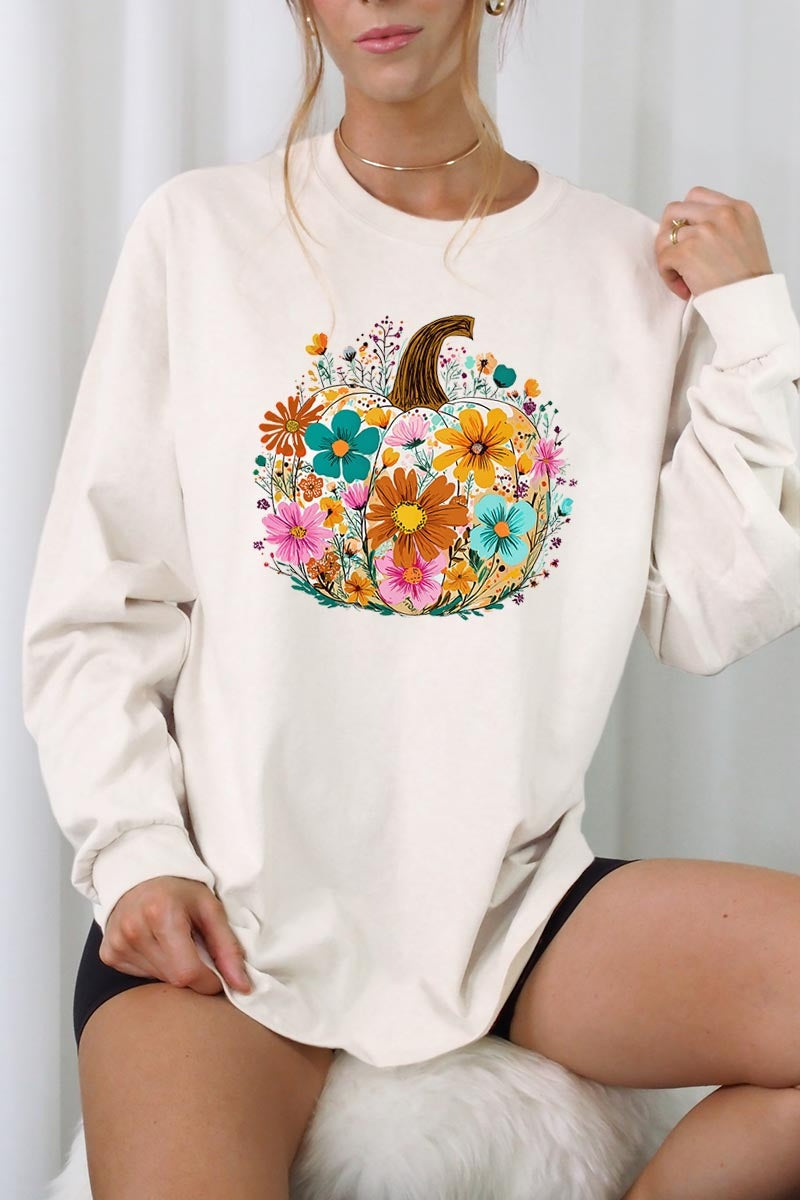 UL240-E3118 Floral Pumpkin Graphic Long Sleeve Tee $13.75