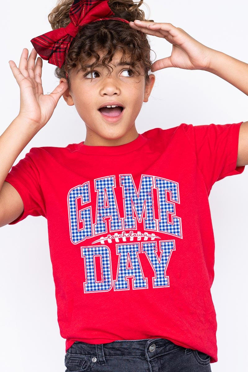 US3001Y-E3130Z Blue Gingham Game Day Kids Graphic Tee $11